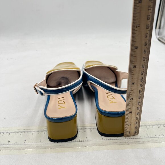 YDN Blue and Yellow Square Toe Block Low Heels Slingback Formal Dressy Shoes - Picture 5 of 8
